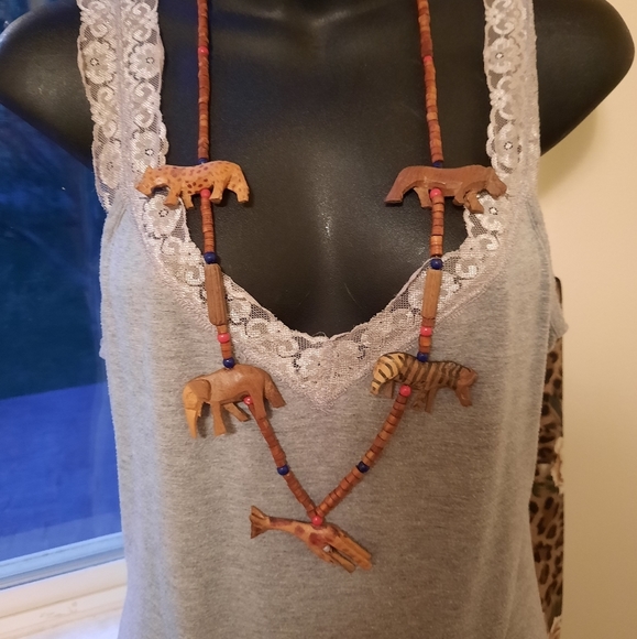 unknown Jewelry - 36" Carved Wood Safari Animal Necklace